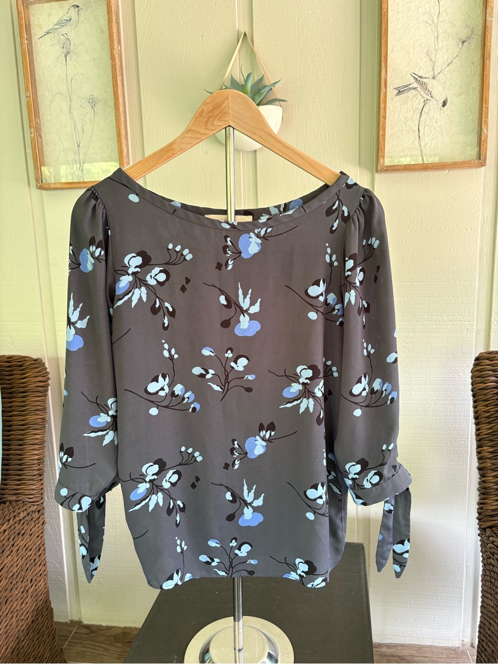 LOFT Charcoal Boatneck Blouse with Blue Floral Print